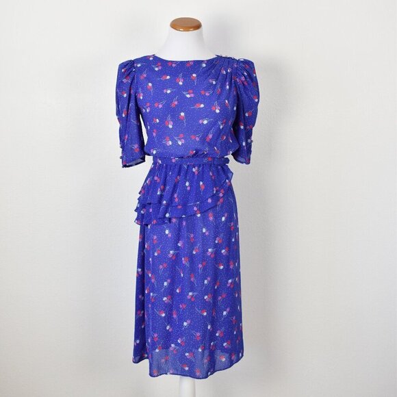 Vintage Dresses & Skirts - 80's Vintage Floral Belted Peplum Formal Dress - 4